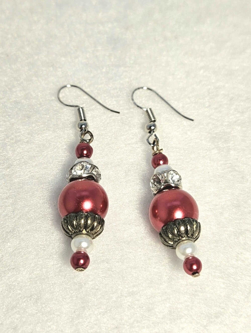 Hand Crafted Festive Red And White Pearl Drop Earrings